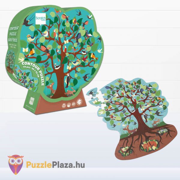 58 darabos madarak a fán forma puzzle - Scratch Europe - kirakott kép és doboz