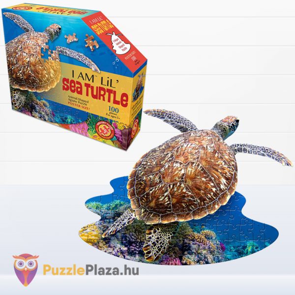 100 darabos teknős alakú forma puzzle doboza és kirakott képe