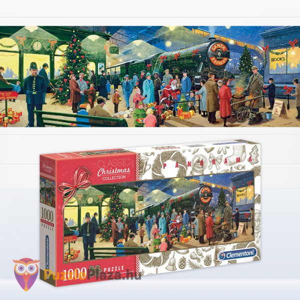 Télapó karácsonyi express vonata panoráma puzzle kirakott képe és doboza - Clementoni 39577