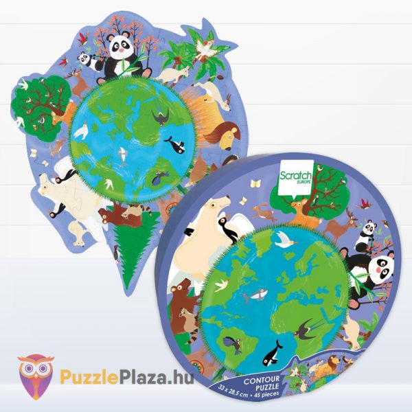 45 darabos a világ puzzle doboza és kirakott képe a Scratch Europe márkától