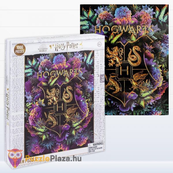 1000 darabos virág mintás Roxfort címer puzzle - Harry Potter doboza és kirakott képe
