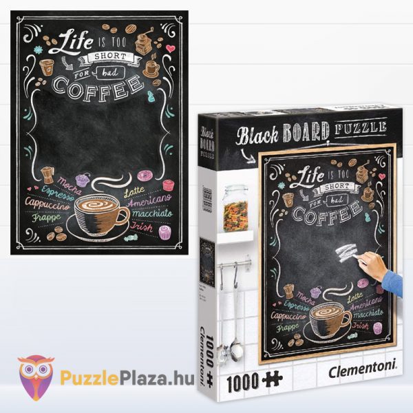 1000 db-os Black Board - Coffee puzzle kirakott képe és doboza - Clementoni 39466