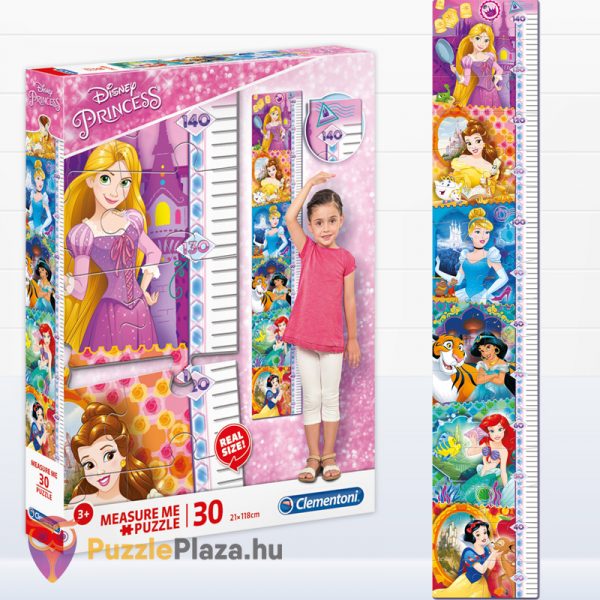 30 db-os Disney Hercegnők puzzle doboza és kirakott képe magasságmérő funkcióval. Clementoni Mérj Meg! 20328