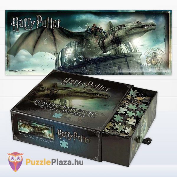 1000 darabos Harry Potter puzzle: Menekülés a Gringotts bankból kirakott képe és doboza kinyitva - Noble Collection