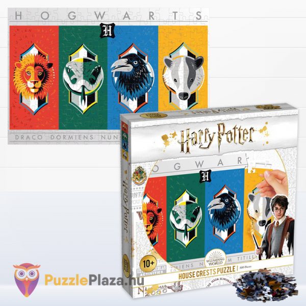 Harry Potter: Varázslóház címerek puzzle kirakott képe és doboza - 500 db - Winning Moves