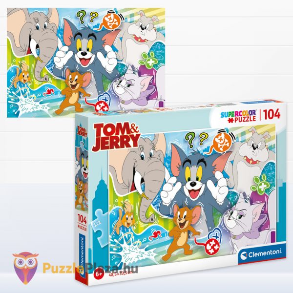 104 darabos Tom és Jerry puzzle képe és doboza - Clementoni SuperColor (Szuper Színes kirakó) 27518