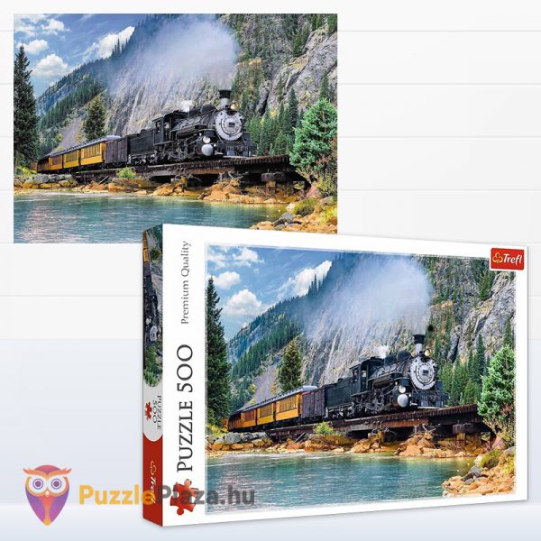 500 darabos vonat a hegyekben puzzle kirakott képe és doboza - Trefl 37379