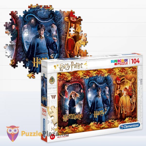 104 darabos Harry Potter puzzle, Hermione, Harry és Ron kirakó doboza és kép részlete - Clementoni SuperColor (Szuper Színes) 61885