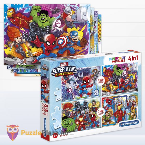 Marvel: Szuperhősök puzzle doboza és kirakkott képei (4 az 1-ben) 2x20, 2x60 db - Clementoni Super Hero Adventures 24769