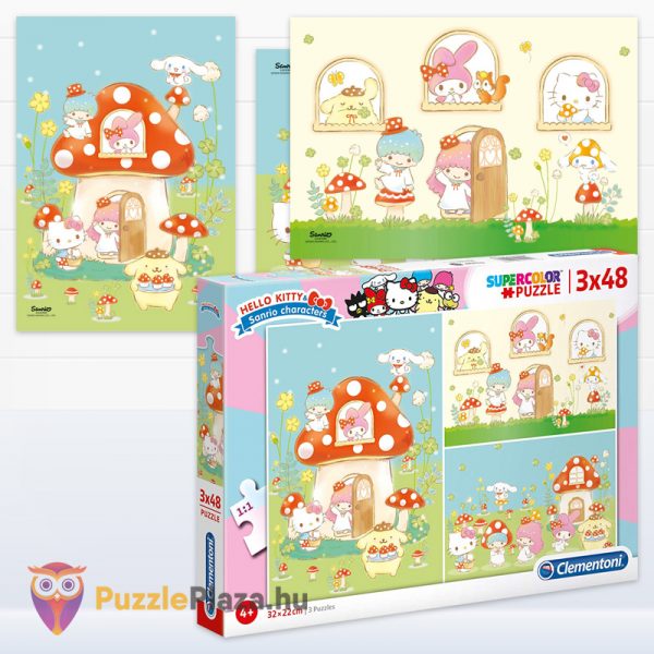 Hello Kitty és barátai puzzle kirakott képei és doboza - 3x48 db - Clementoni Szuper Színes (SuperColor) 25246