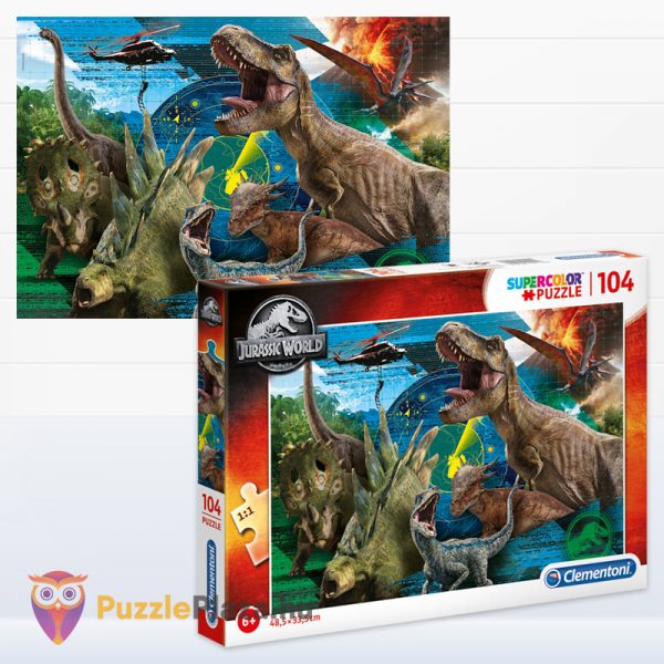 Jurassic World puzzle kirakott képe és doboza - 104 db - Clementoni SuperColor 27169