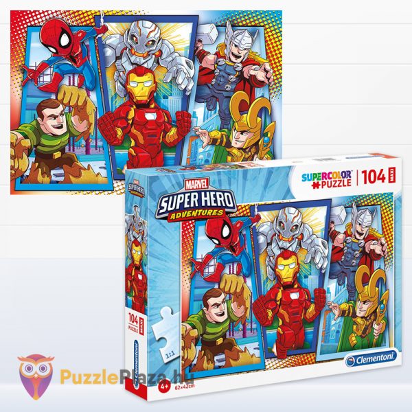 104 darabos Marvel, Szuperhősök (Super Hero Adventures) puzzle kirakott képe és doboza - Clementoni SuperColor Maxi 23746