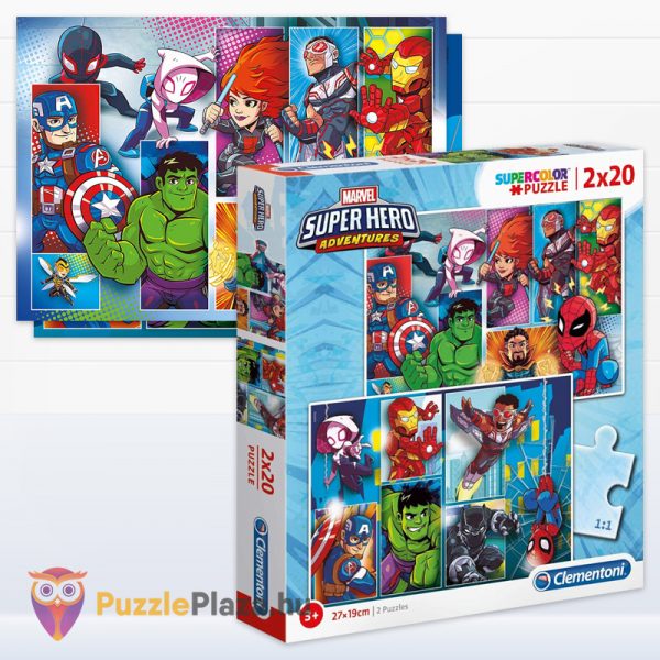 Marvel: Szuperhősök (Super Hero Adventures) puzzle kirakott képei és doboza - 2x20 db - Clementoni SuperColor 24768