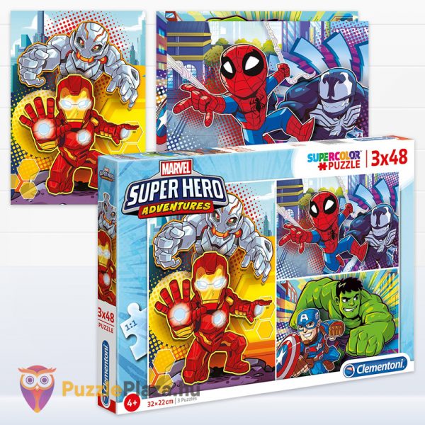 3x48 darabos Marvel: Szuperhősök (Super Hero Adventures) puzzle kirakott képei és doboza - Clementoni SuperColor 25248