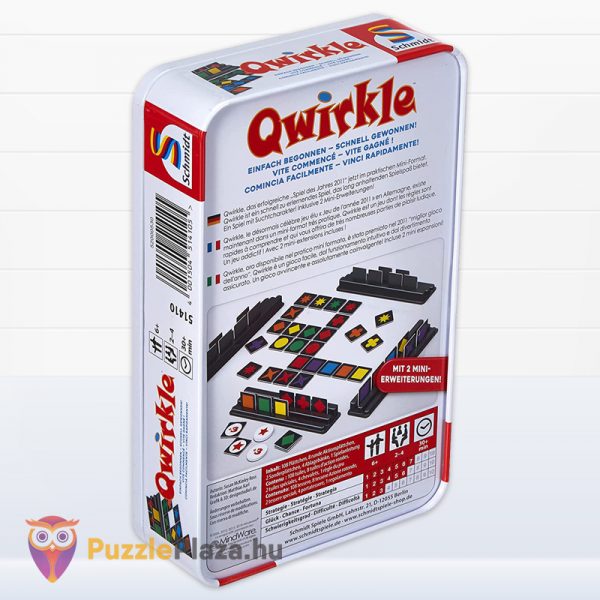 Qwirkle stratégiai társasjáték doboza, hátulról (Fémdobozos kiadás)
