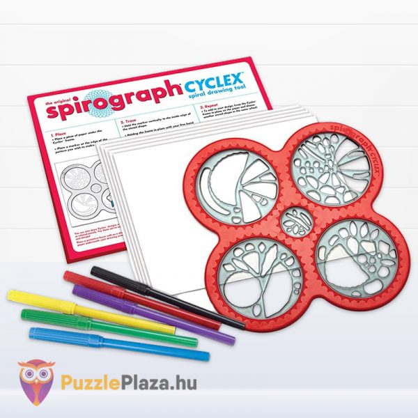 Spirográf Cyclex: Többszörös körök, kreatív rajzoló szett tartalma (6 filctollal)