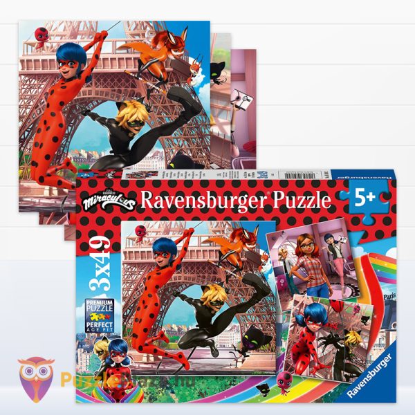 Miraculous: A hős Katicabogár puzzle képei és doboza, 3x49 db (Ravensburger 05189)
