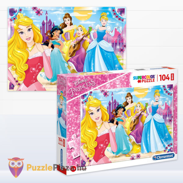 Disney hercegnők puzzle képe és doboza, 104 db (Clementoni SuperColor Maxi 23714)
