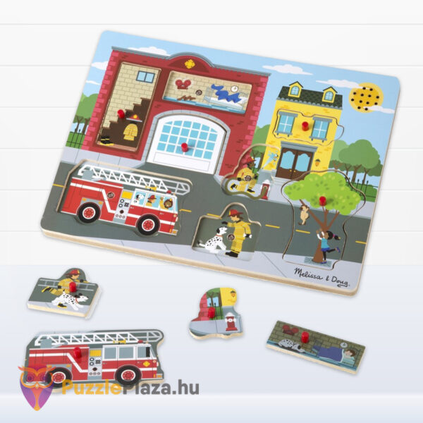 Hangos fa formaillesztő puzzle: A tűzoltóállomás fejlesztő játék elemei (Melissa & Doug)