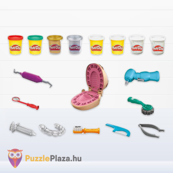 Play-Doh: Fogászat és fogszabályzás, fogorvosi gyurmaszett tartalma, 8 tégely gyurmával