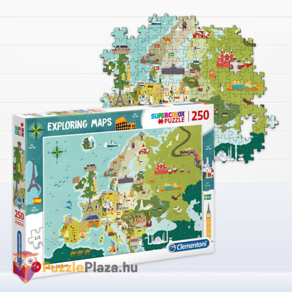 Felfedező térképes puzzle részlete és doboza gyerekeknek: Európa országai és nevezetességei, 250 db (Clementoni SuperColor 29062)