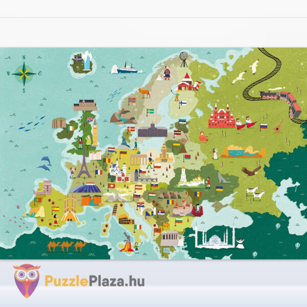 Felfedező térképes puzzle képe gyerekeknek: Európa országai és nevezetességei, 250 db (Clementoni SuperColor 29062)