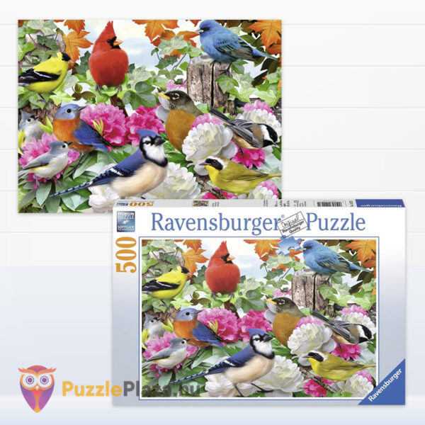 Madarak a kertben puzzle képe és doboza, 500 db (Ravensburger 14223)