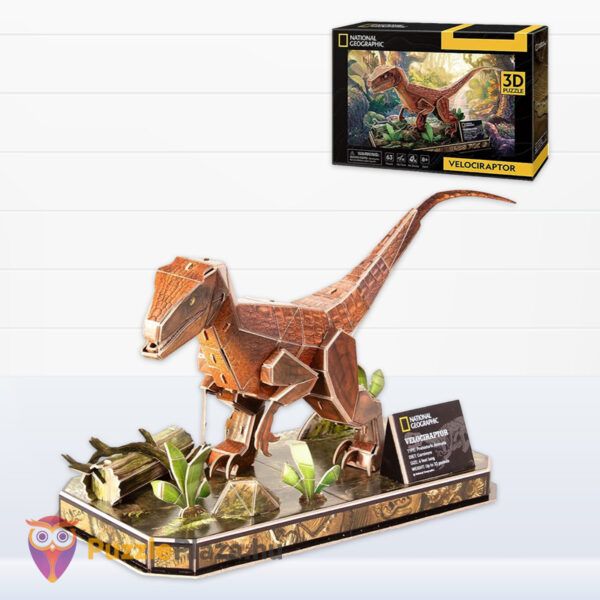 Dinoszauruszok 3D puzzle megépítve és doboza: Velociraptor, 63 db (CubicFun)