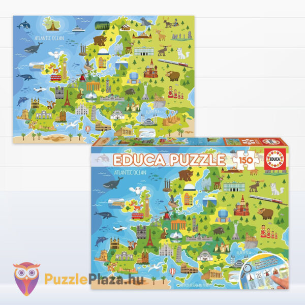 Európa térképe és nevezetességei puzzle képe és doboza, 150 db (Educa 18607)