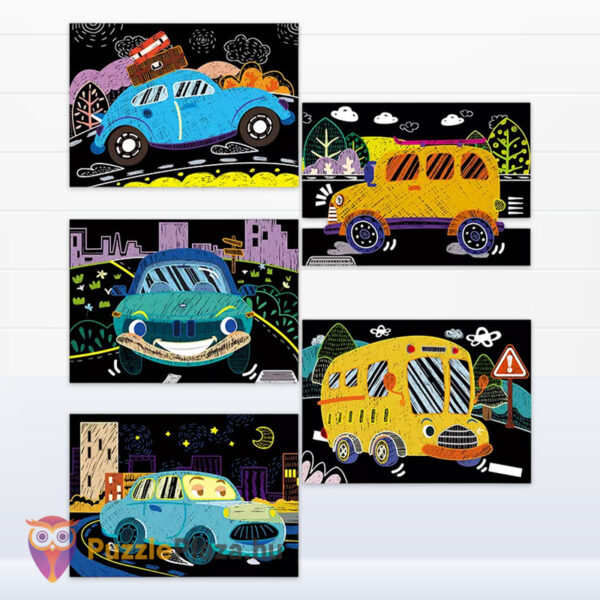 Járművek: mini karckép könyv, autós kreatív képkarcoló gyerekeknek, elkészítve (Avenir)