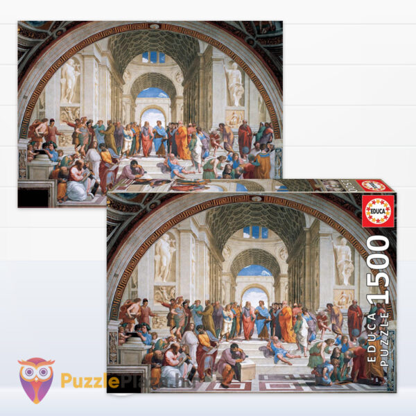 Rafaello: Az athéni iskola puzzle képe és doboza, 1500 db, kirakó ragasztóval (Educa 19273)