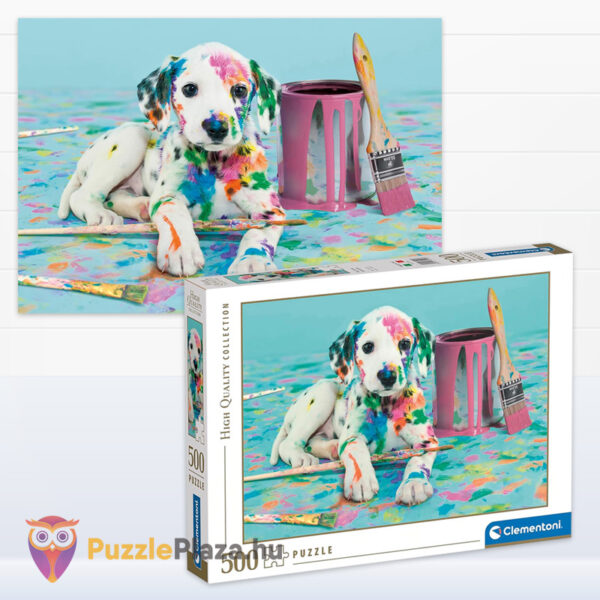 Mókás dalmata kölyök kutya, színes foltokkal puzzle képe és doboza, 500 db (Clementoni 35150)