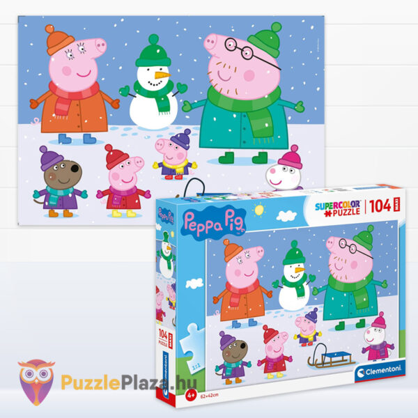 Peppa Malac puzzle képe és doboza, játék a hóesésben, 104 db (Clementoni SuperColor Maxi 23752)