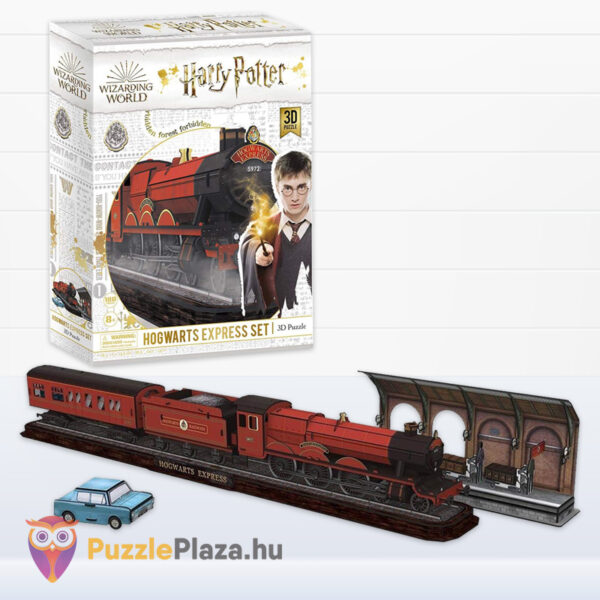 Harry Potter 3D puzzle megépítve és doboza: A Roxfort Expressz, a 9 és 3/4-ik vágány, a repülő autó, 180 db (CubicFun)