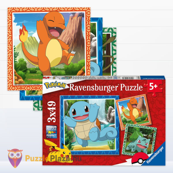 Pokémon puzzle képei és doboza: Squirtle, Charmander, Bulbasaur, 3×49 db (Ravensburger 05586)