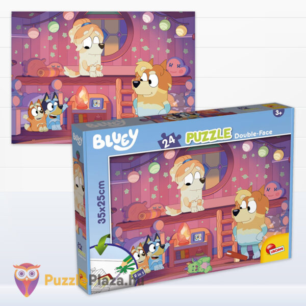 Bluey puzzle képe és doboza: Meseidő, 2 az 1-ben kirakó, (24 db) kiszínezhető hátoldallal (Lisciani)