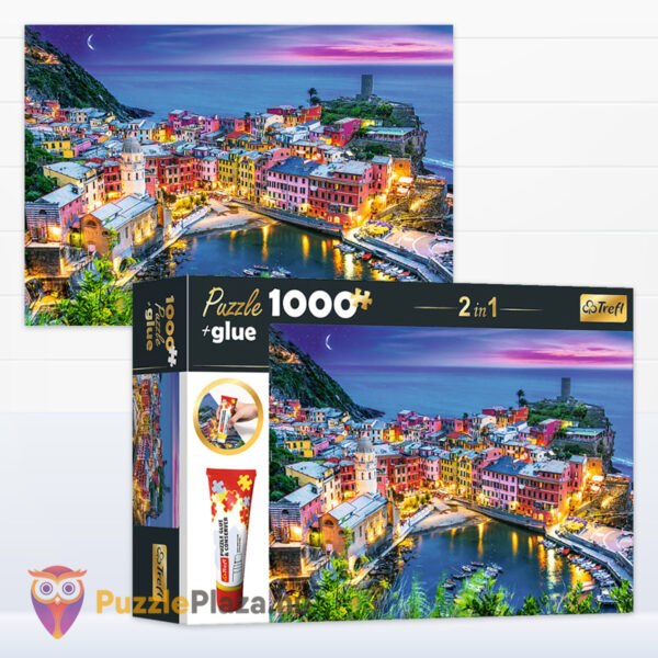 Vernazza, Olaszország: Tengeri kilátás alkonyatkor, 1000 db-os puzzle és puzzle ragasztó képe és doboza (Trefl 10651)
