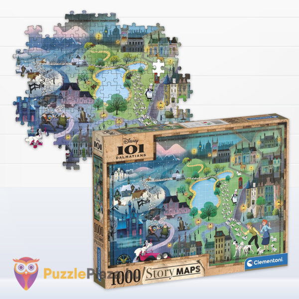 101 kiskutya története a térképen puzzle részlete és doboza, 1000 db (Clementoni Story Maps 39665)