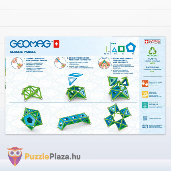 Geomag classic panels recycled, 114 darabos mágneses kreatív építőjáték doboza, hátulról