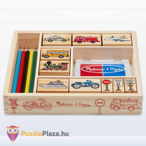 Közlekedés: Kreatív jármű mintás fa nyomdakészlet, ceruzákkal, fektetve (Melissa & Doug)