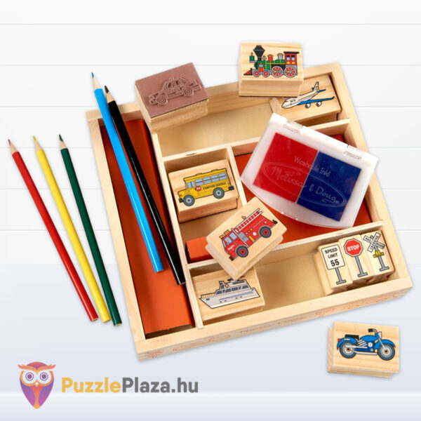 Közlekedés: Kreatív jármű mintás fa nyomdakészlet, ceruzákkal, felülről (Melissa & Doug)