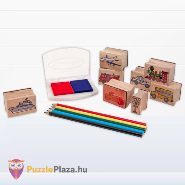 Közlekedés: Kreatív jármű mintás fa nyomdakészlet tartalma, ceruzákkal (Melissa & Doug)