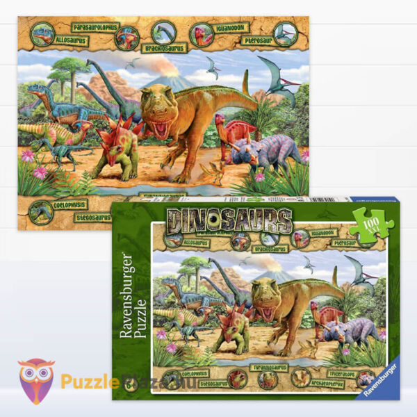 Dinoszauroszok világa puzzle képe és doboza, 100 db (Ravensburger)