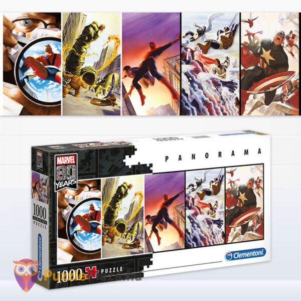 Marvel: 80 éves jubíleum panoráma puzzle képe és doboza, 1000 db (Clementoni 39546)