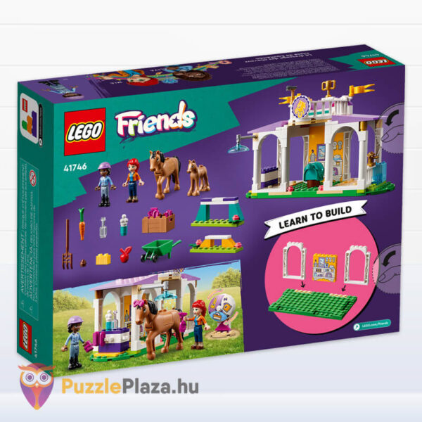 Új lovasiskola doboza, hátulról, Aliya és Mia figurákkal, 2 lóval, kiegészítőkkel (Lego Friends 41746)