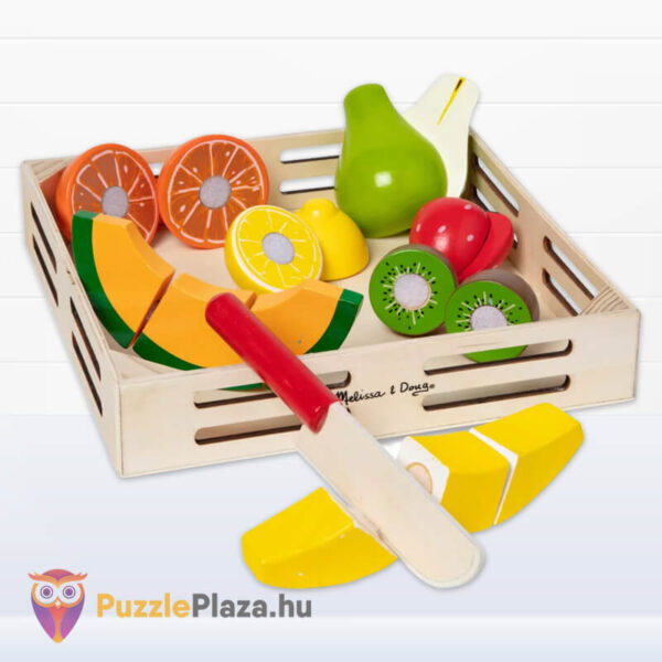 Szerepjáték: Szeletelhető játék gyümölcsök, fa gyümölcsös ládában, kibontva (Melissa & Doug)