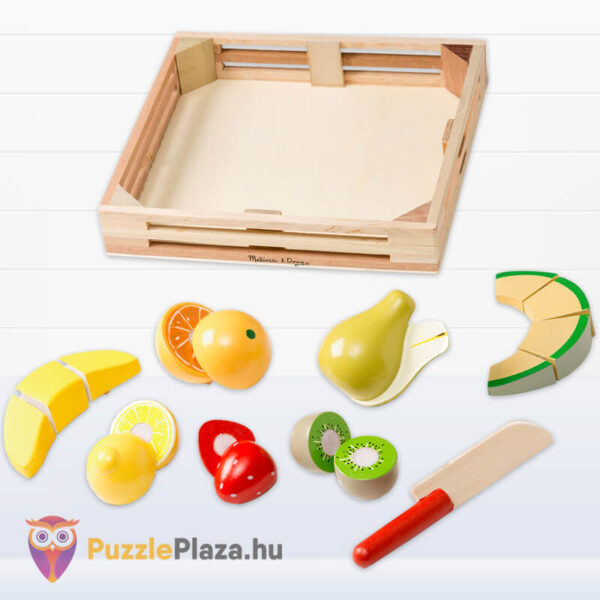 Szerepjáték: Szeletelhető játék gyümölcsök tartalma, fa gyümölcsös ládában, (Melissa & Doug)