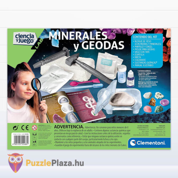 Tudomány és Játék: Ásványok és geódák doboza, hátulról (Clementoni)