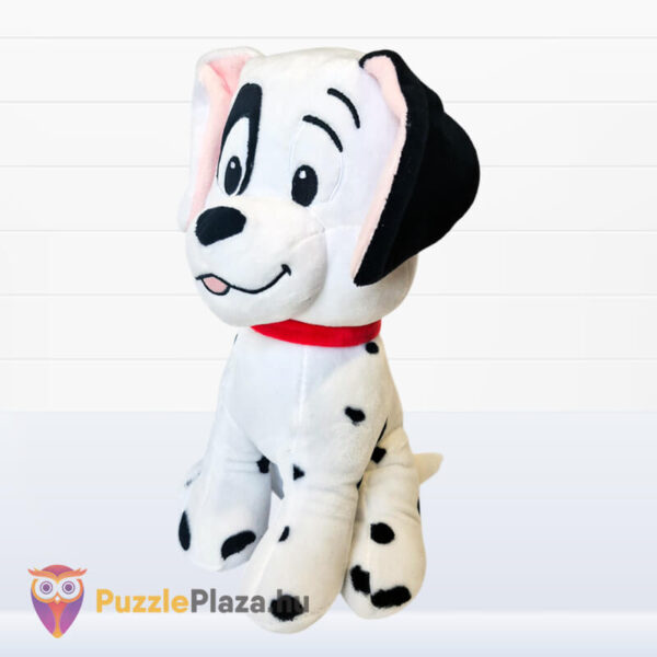 101 kiskutya: Foltos szemű plüss dalmata kutya, fekete fehér füllel, piros nyakörvvel, balról (26 cm)