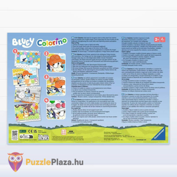 Bluey: Colorino, készségfejlesztő társasjáték doboza, hátulról a színekkel (Ravensburger)
